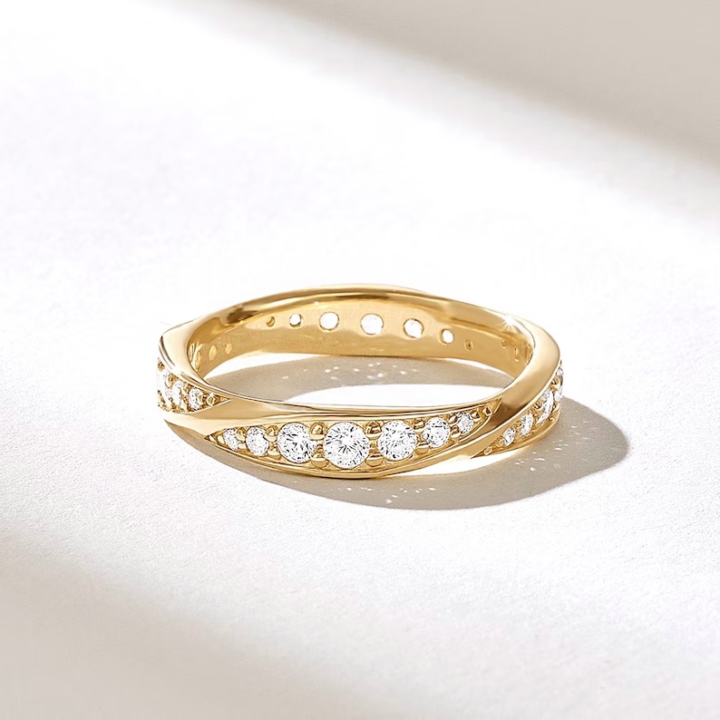 Thumbnail: 18K Solid  Gold Pave Diamond Twist Wedding Band