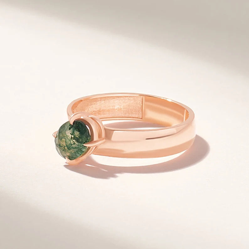 Thumbnail: 18K Solid Gold Moss Agate Solitaire Ring - Style B