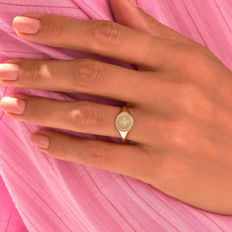 Thumbnail: Compass Signet Ring with Tiny Diamond