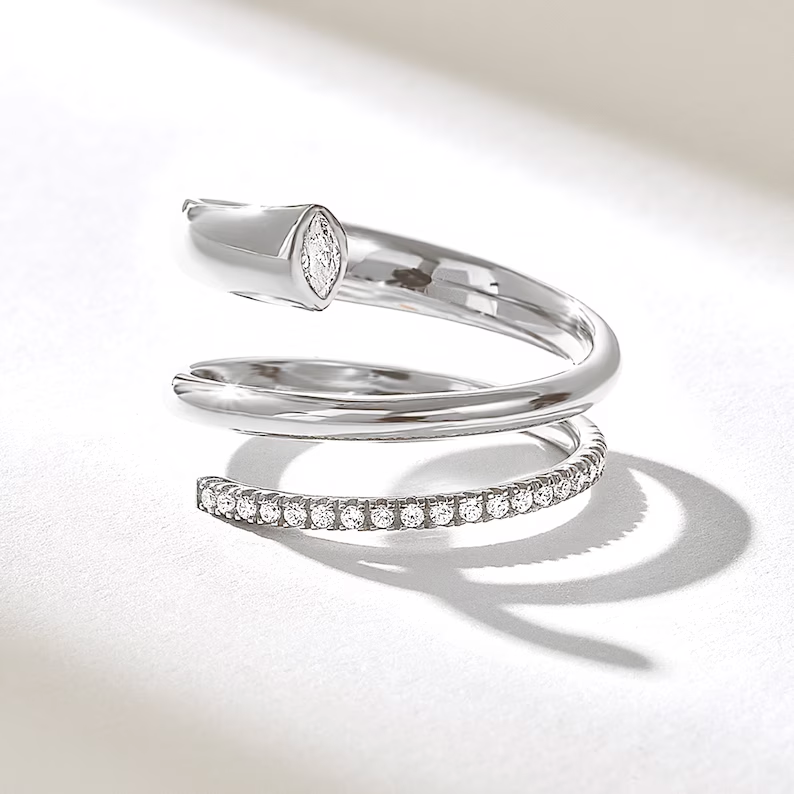Thumbnail: White Gold Pave Diamond Bold Spiral Band for women