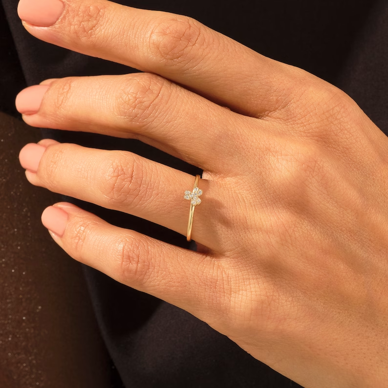 Thumbnail: Solid Gold Diamond Tiny Clover Ring