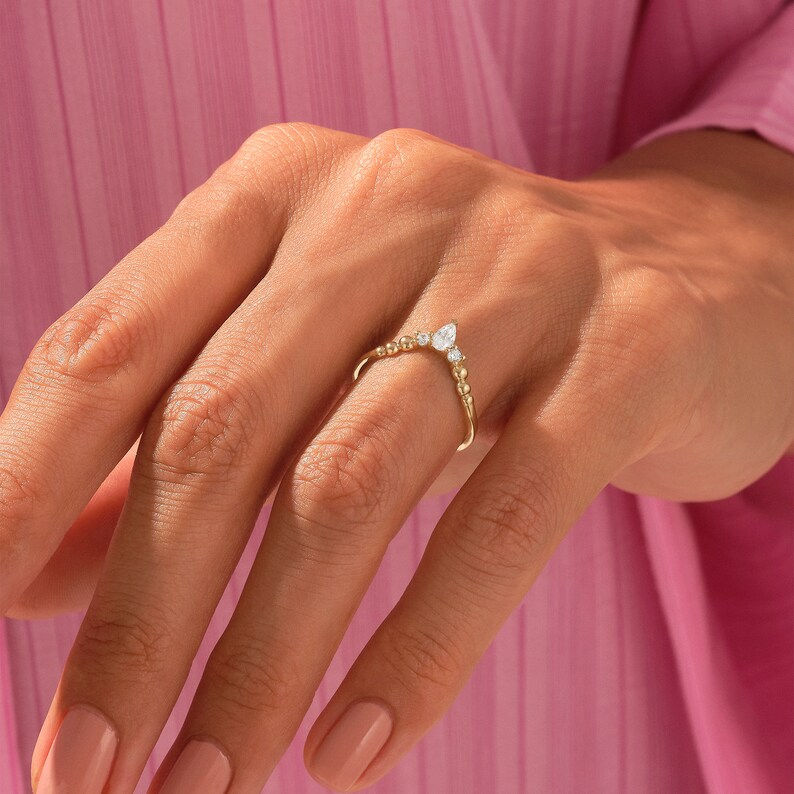 Curved Pear Diamond Ball Ring in 14k Solid Gold | Wishbone Stacking Ring Women