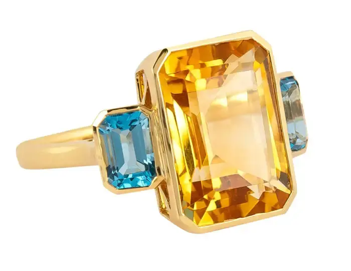 Blue & Yellow Topaz Three Stone Ring in 18K Solid Gold | 7.79 Carat Statement Ring