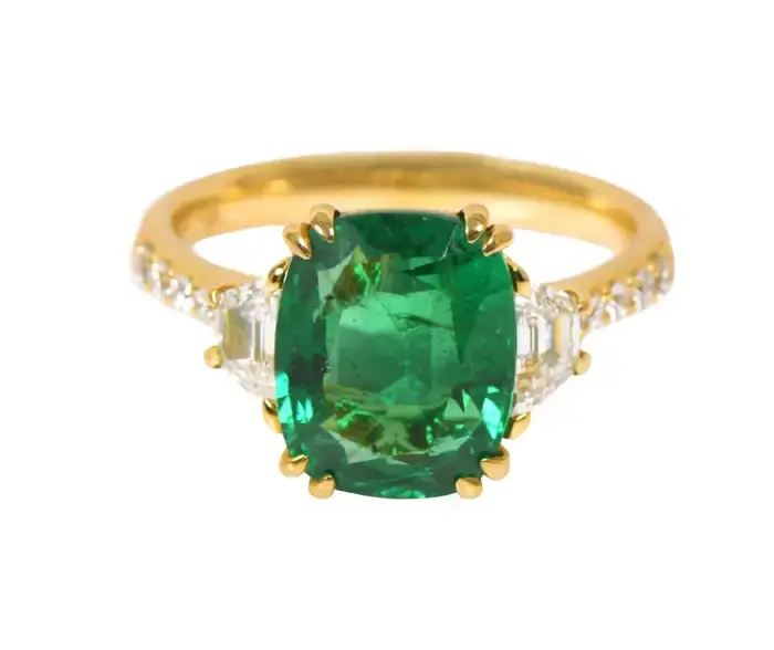18K Solid Gold Emerald Cut Natural Emerald and Diamond Engagement Ring