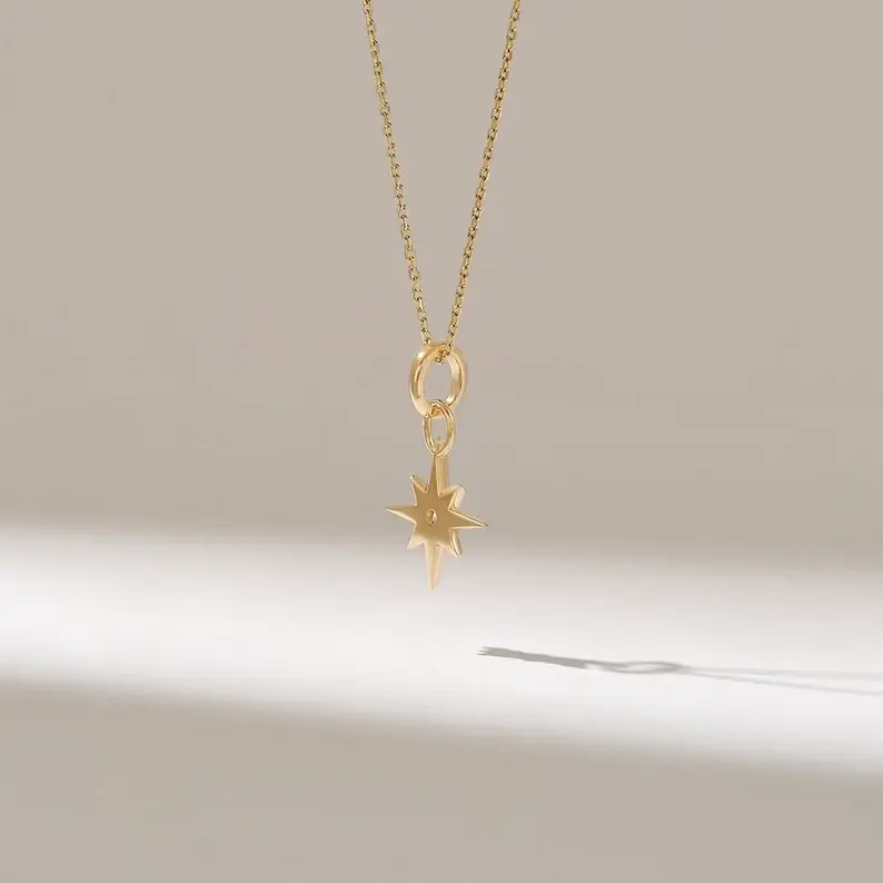 18K Solid Gold Diamond North Star Necklace