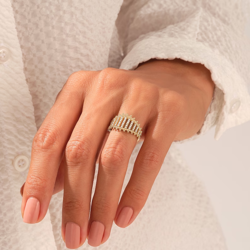 Pave Diamond Bold Statement Ring | 14k Solid Gold Unique Design for Women