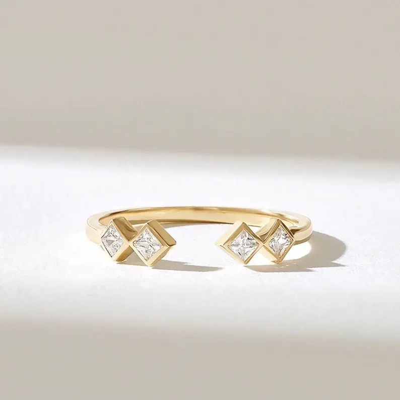 Solid Gold Diamond Open Bezel Squares Ring