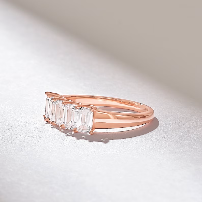 Thumbnail: Rose Gold Emerald Cut Diamond Wedding Ring: Dainty 5 Stone Band for Women