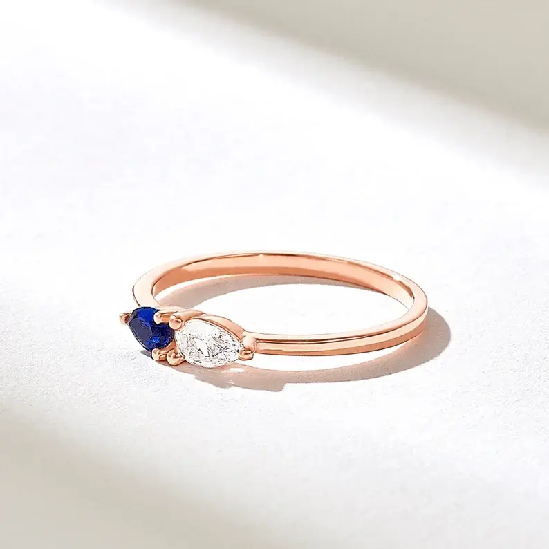 14K Solid Gold Diamond Sapphire Toi et Moi Ring
