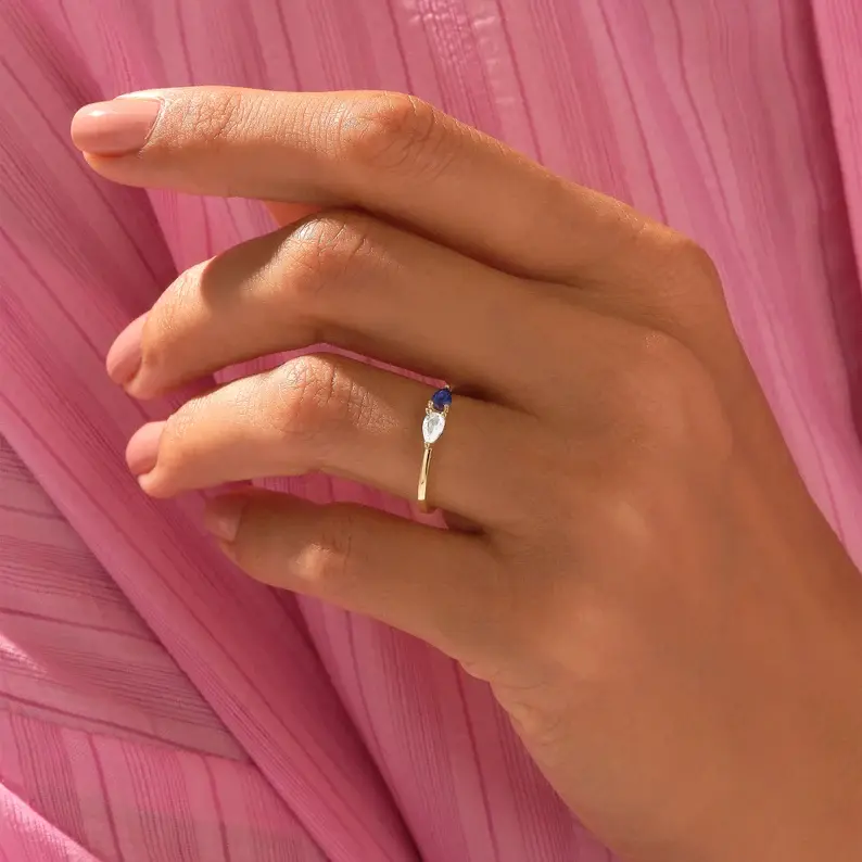 14K Solid Gold Diamond Sapphire Toi et Moi Ring