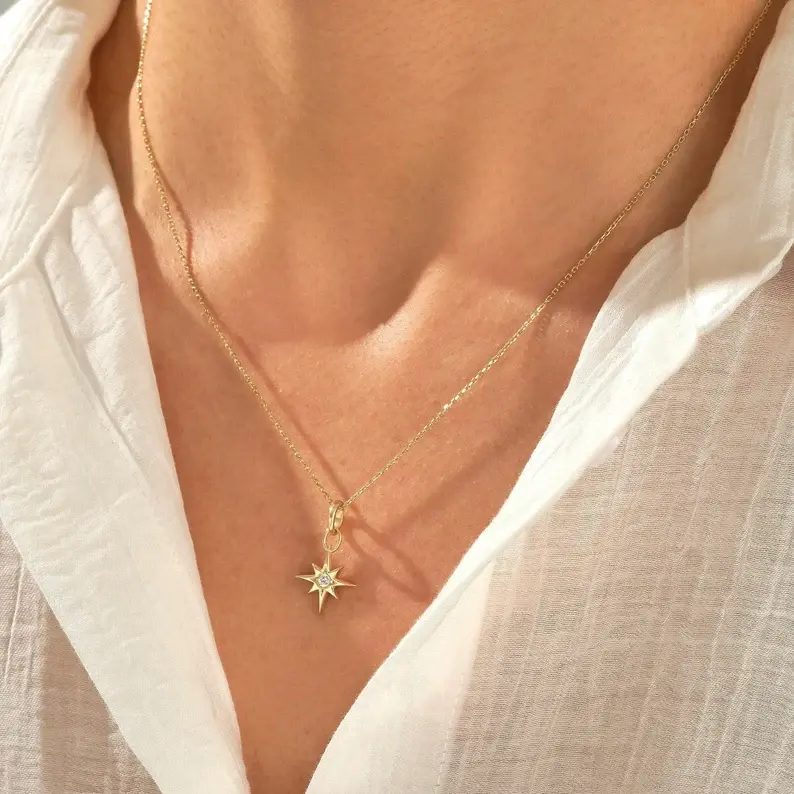 18K Solid Gold Diamond North Star Necklace