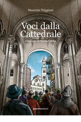 Copertina Libro, Voci dalla Cattedrale: illustrato da Nicola D'Allio, una folla guarda una cattedrale