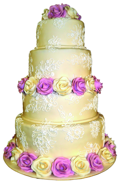 Four-tier wedding cake with intricate sugar paste flowers and lace patterns.