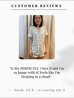 Customer review of a woman wearing sleebbee bamboo pajamas set. She says it fits perfectly. she loves it and is very happy with it. She feels like she's sleeping in a cloud. So soft and cooling. 