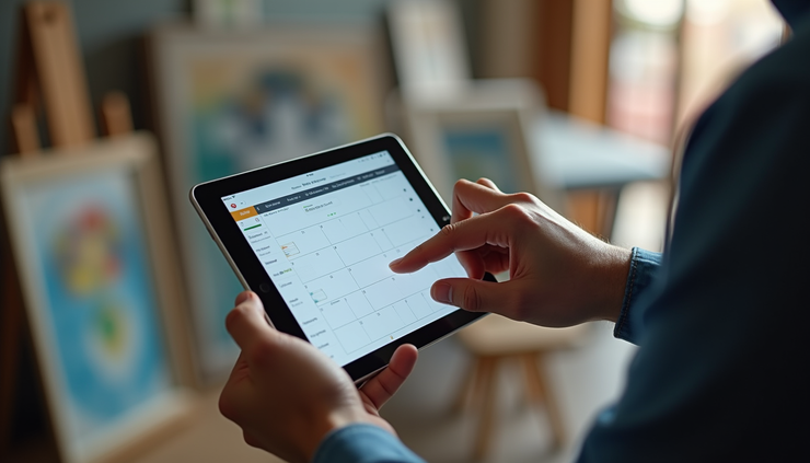 Eye-level view of a painter scheduling jobs on a tablet in a workshop