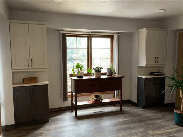 US Cabinet Depot: Shaker Cinder & Shaker Dove. MSI Quartz: Carrara Mist. Eternity Flooring: Ashbury WPC