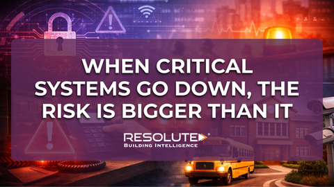 Abstract digital building systems graphic representing operational risk, communication failure, and critical system disruption in an occupied school environment.