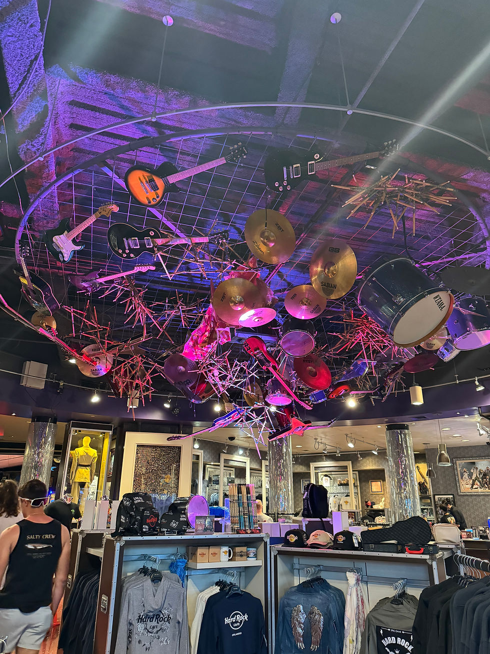 A shop ceiling with many varieties of musical instruments.