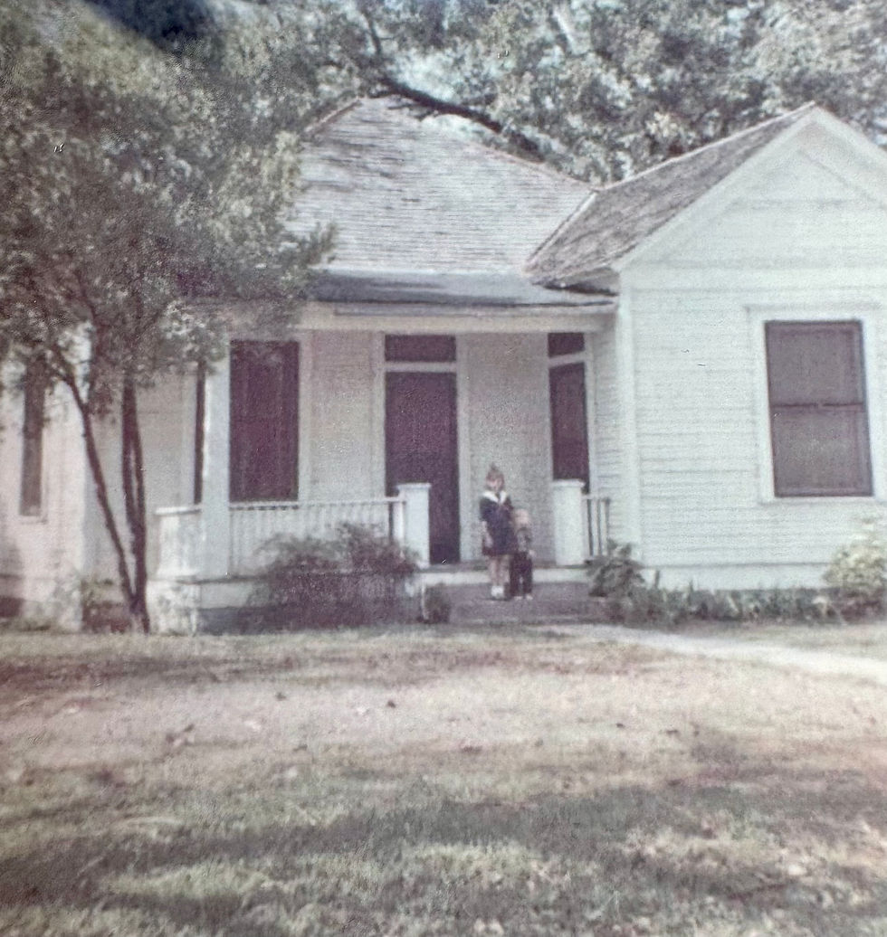 An older wood frame house from the 50's with a young girl and boy on the front steps.