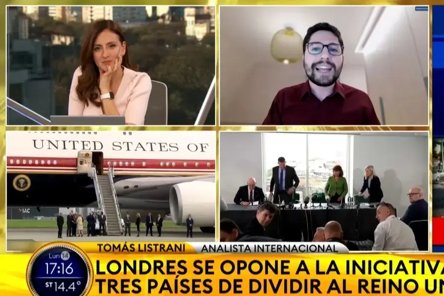 Presentadora en estudio conversa con analista por videollamada; se muestra avión presidencial y conferencia de prensa.