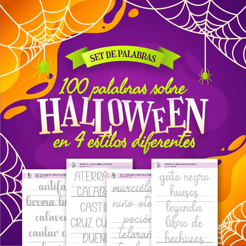 Halloween theme with text: Set de 100 Palabras sobre Halloween - 4 Estilos de Letras.