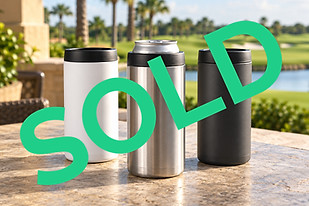 Premium slim-can koozies on a golf patio