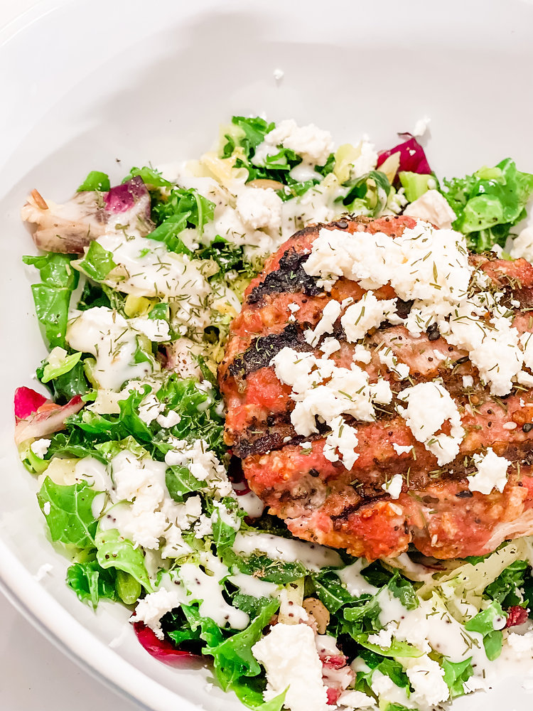 Whiskey turkey burgers & feta dill kale salad