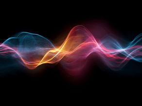 Colorful waveforms in blue, orange, and pink flow across a black background, creating a dynamic and vibrant visual effect.