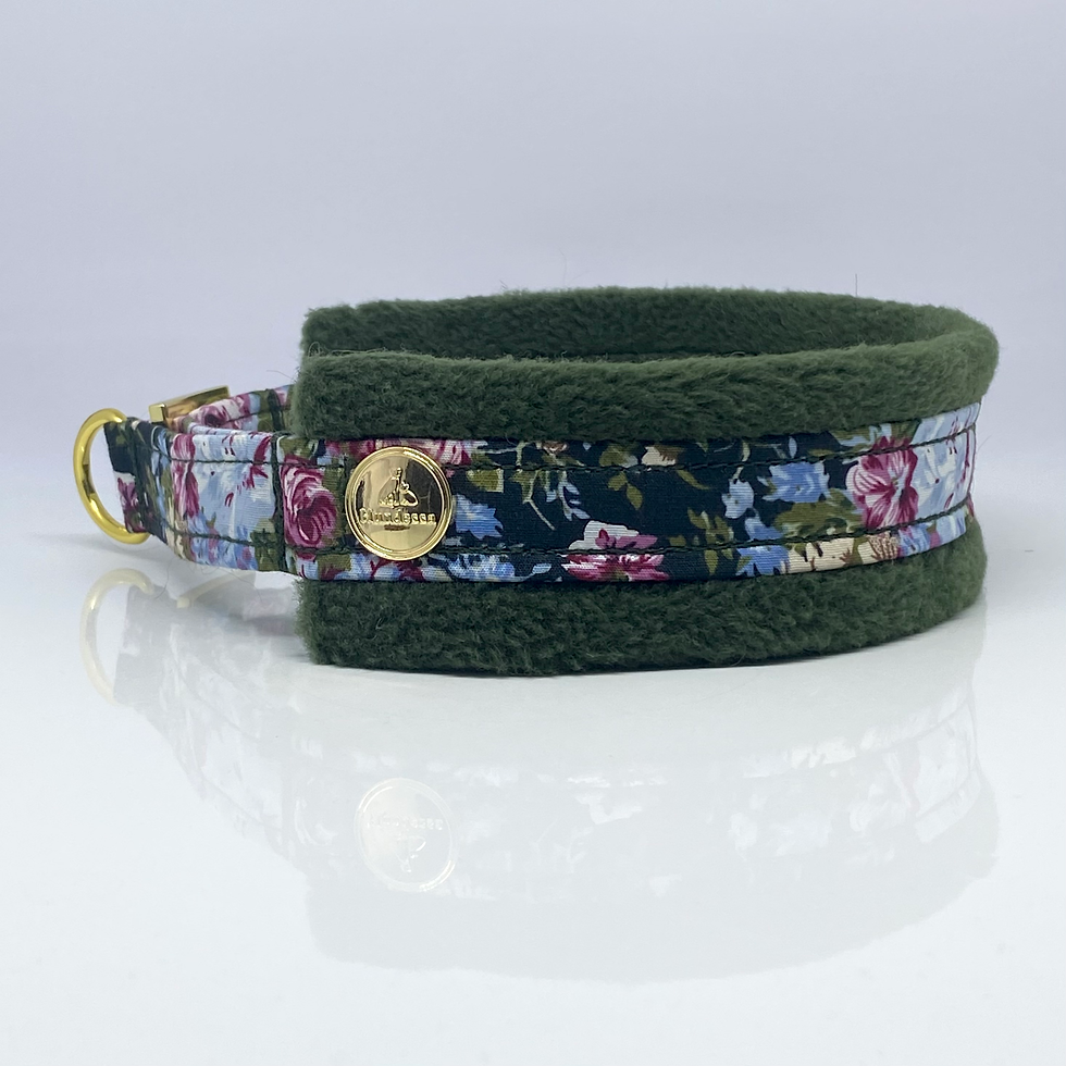 Miniaturbild: Unterlegtes Halsband  VINTAGEROSE + Fleece WALDGRÜN