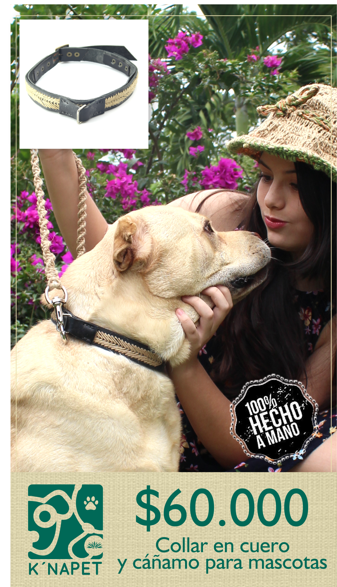 Collar en cáñamo y cuero para mascotas