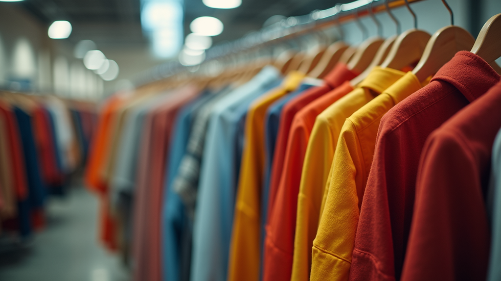 Eye-level view of a clothing rack displaying a variety of colorful garments