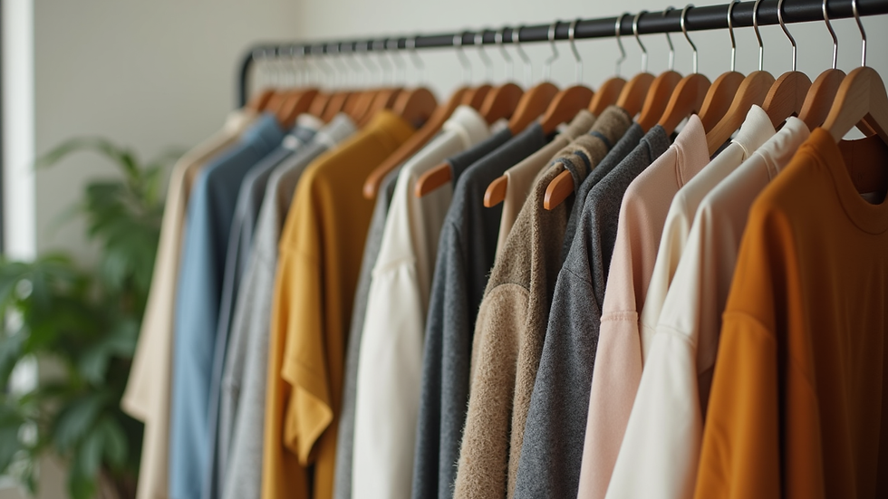 Eye-level view of a sustainable clothing rack featuring eco-friendly garments