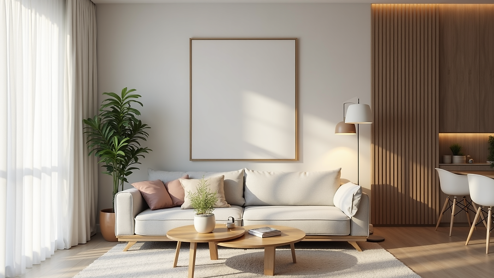 Eye-level view of a serene living room with minimalist decor