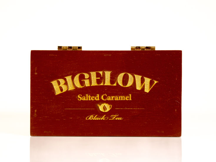 Wooden box that reads "Bigelow: Salted Caramel Black Tea"