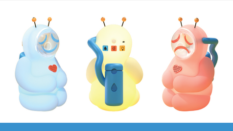 3 3D-modeled alien spaceman toys. In order they are blue, yellow, and red.