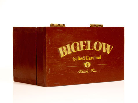 Wooden box that reads "Bigelow: Salted Caramel Black Tea"