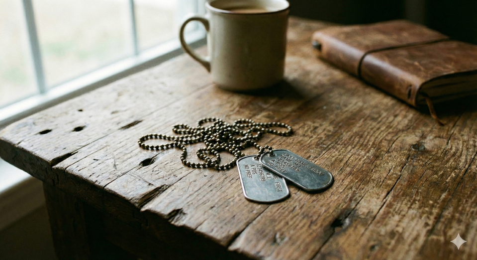 Hot coffee and a set of military dog tags sitting on a wooden table in front of window with gloomy light
