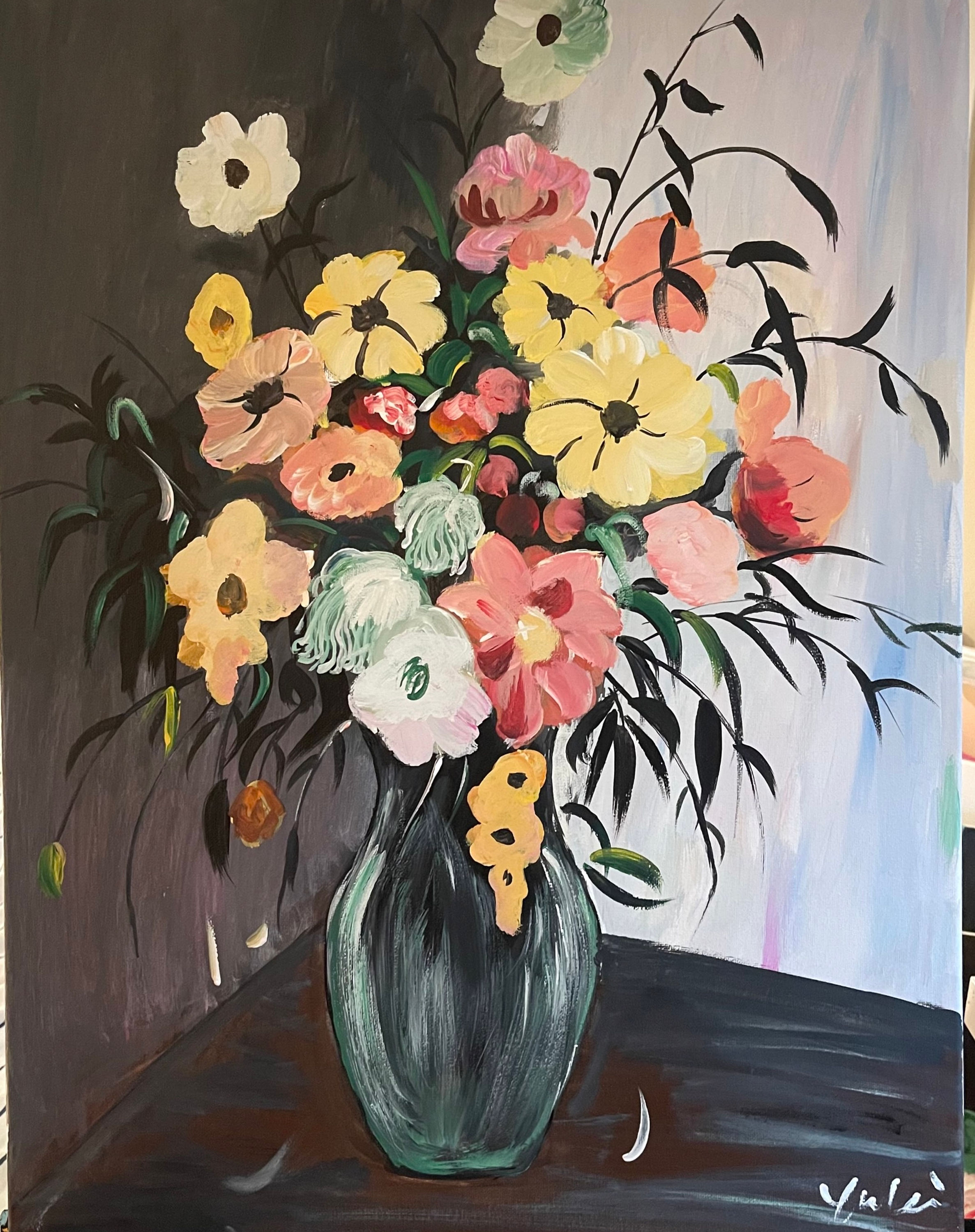 Blooming flowers, 18x24 inch acrylic painting