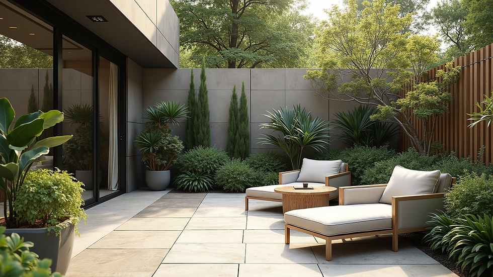 Wide angle view of a well-designed garden patio with seating and plants
