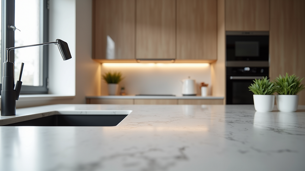 Eye-level view of a modern kitchen with sleek cabinetry and quartz countertops