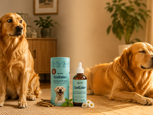 Before and after: anxious dog to calm dog transformation showing the week-by-week calming journey with AyurPet CoolCalm+ drops