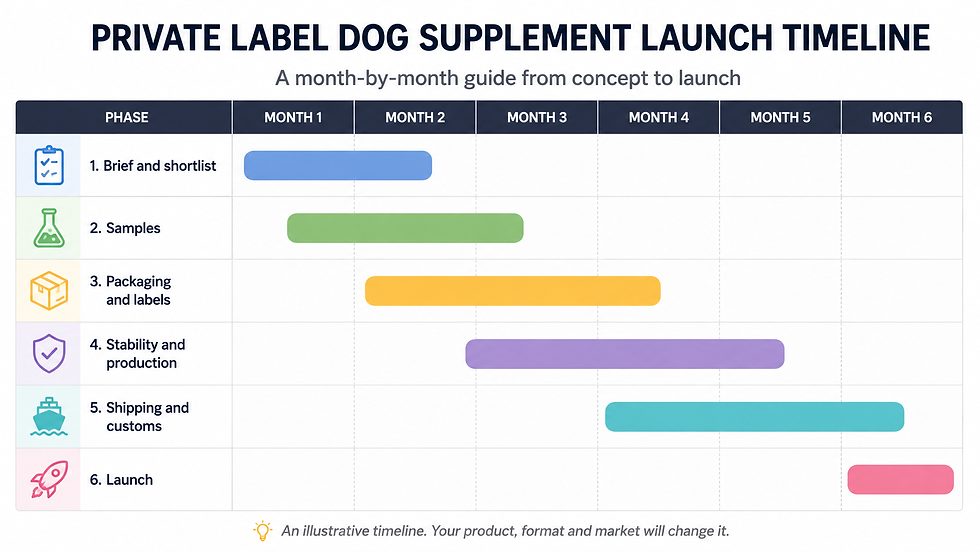 Month-by-month timeline for launching a private label dog supplement