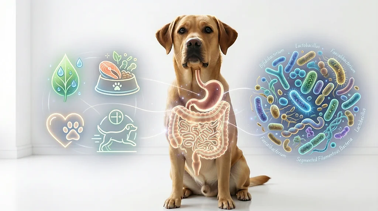 Pictorial and graphic representation of a dog's internal digestive system and the gut.