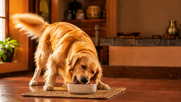 Healthy dog eating eagerly from a ceramic bowl, glossy coat, bright eyes, warm natural light in a cozy home setting