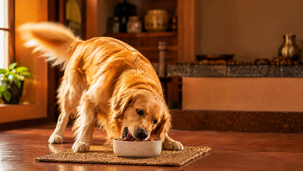 Healthy dog eating eagerly from a ceramic bowl, glossy coat, bright eyes, warm natural light in a cozy home setting