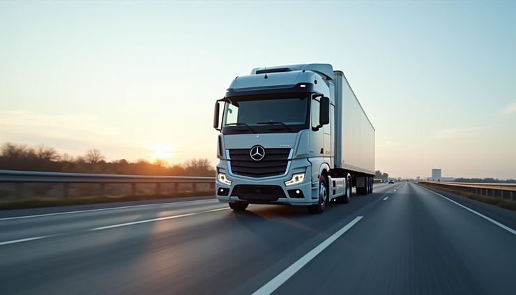Eye-level view of a modern electric semi-truck on a highway