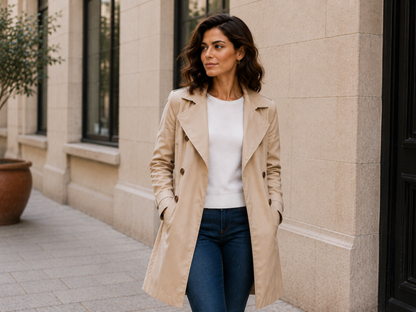 Femme au style chic et décontracté portant un trench beige et un jean