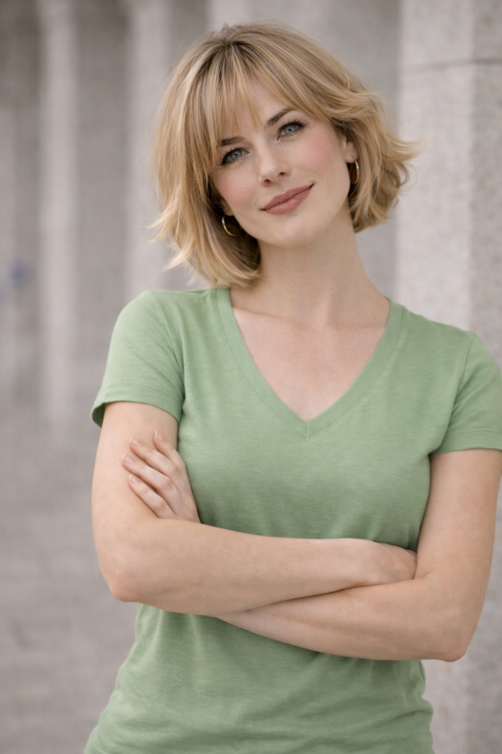 Femme portant le tee-shirt BRANDON col V en vert kashmir de HEDES