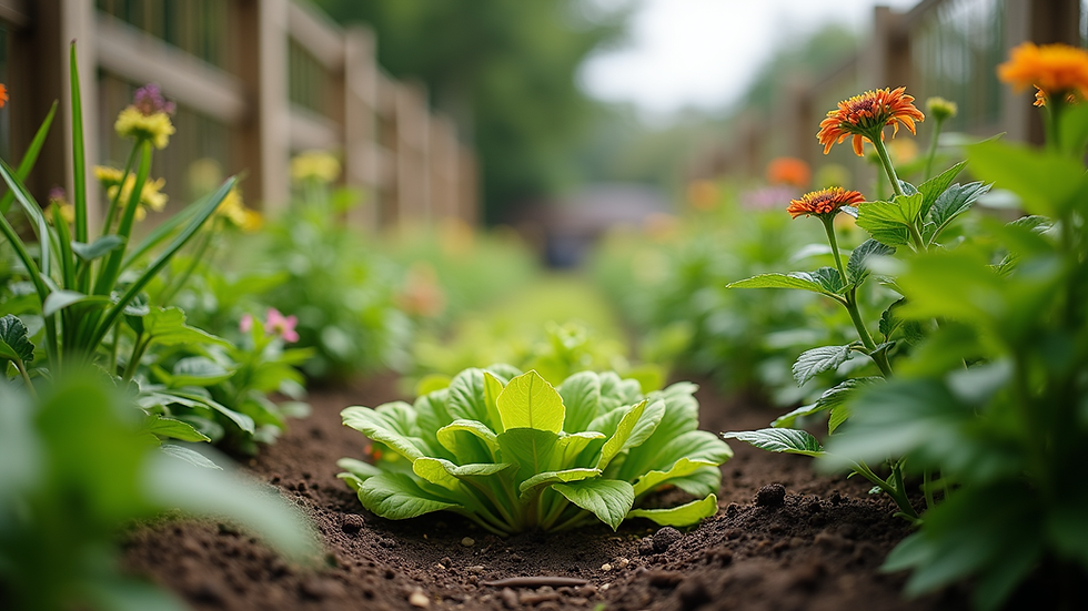 Eye-level view of a community garden flourishing with diverse plants