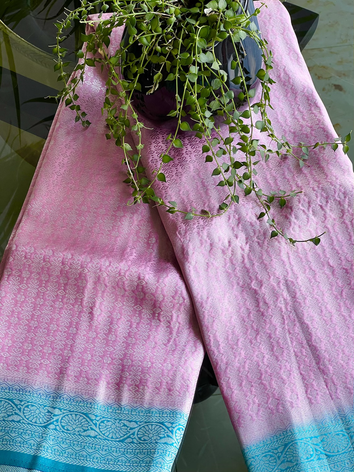 Pink brocade saree with beautiful blue borders  